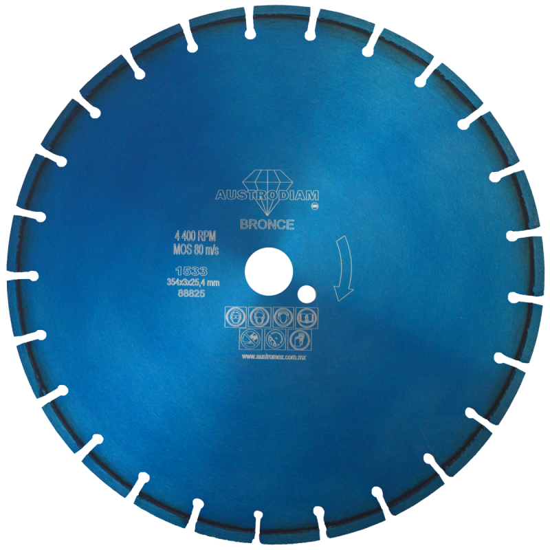 Disco de diamante de 350 x 3.0 x 25.4 mm para corte de materiales de construcción en general como concreto, ladrillo, mármol y otras piedras naturales, excepto granito y cantera  